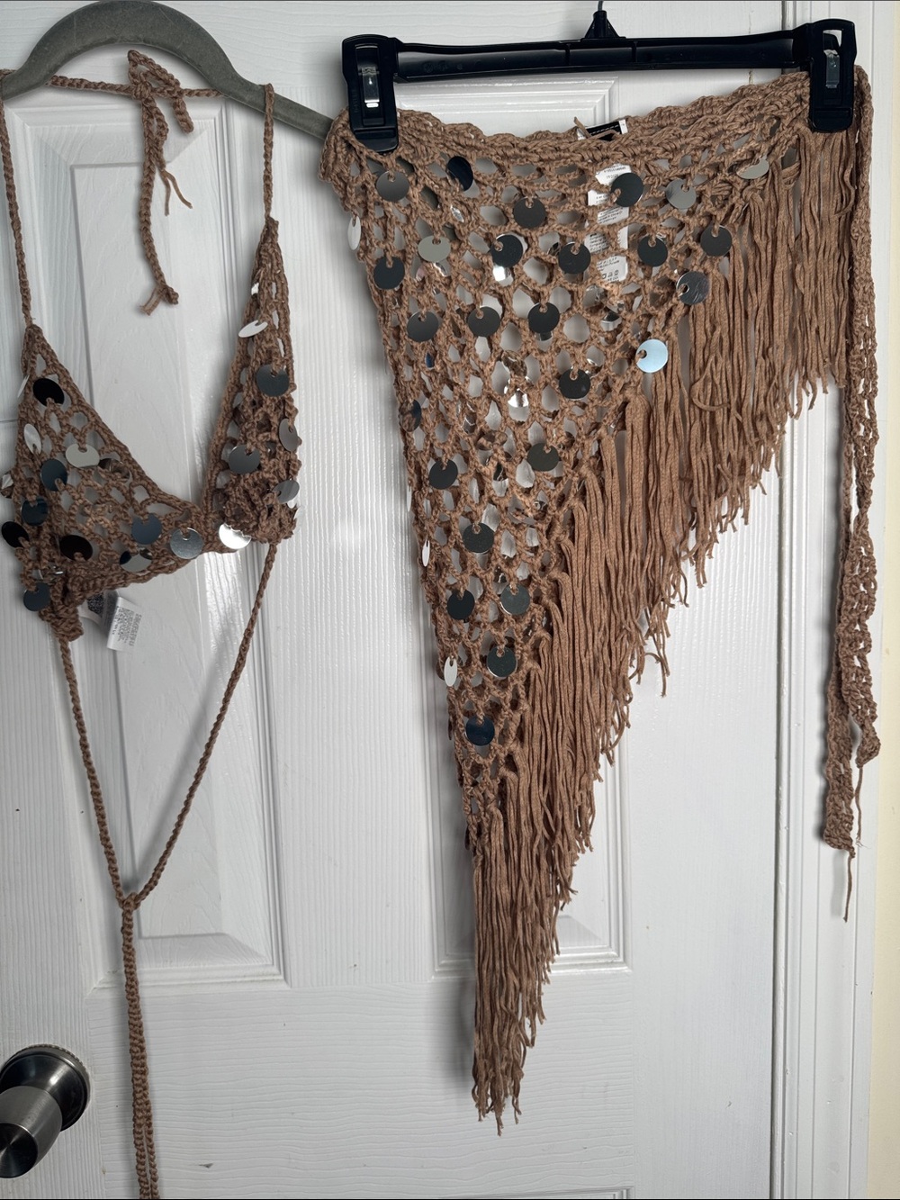 Hand-Crocheted Fringe Triangle Scarf/Bikini Cover with Silver Sequin Accents